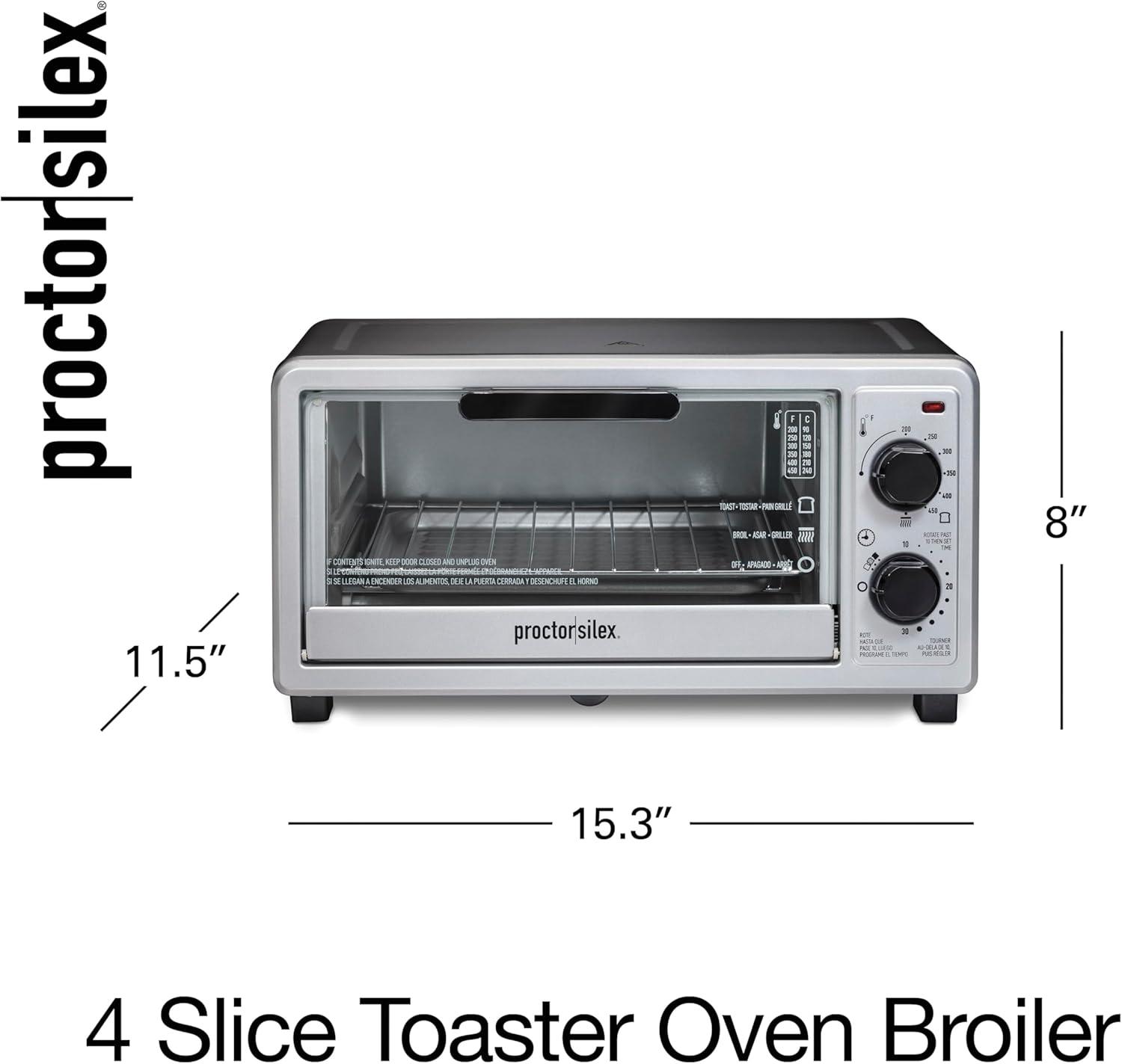 image:imageProctor Silex 4 Slice Countertop Toaster Oven MultiFunction with Bake Toast and Broiler 1100 Watts 30 min timer and autoshutoff Includes Backing Pan and Rack Black and Silver 31260