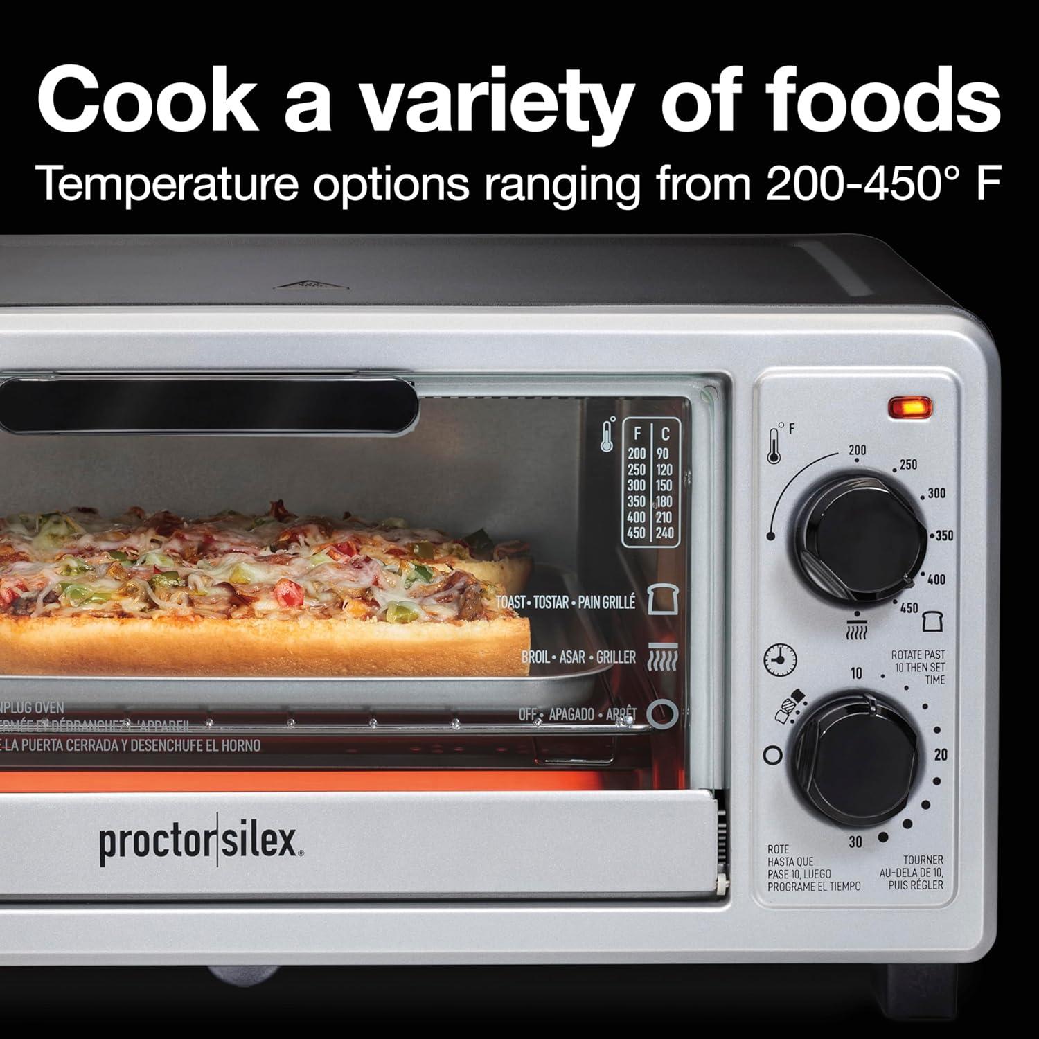 image:imageProctor Silex 4 Slice Countertop Toaster Oven MultiFunction with Bake Toast and Broiler 1100 Watts 30 min timer and autoshutoff Includes Backing Pan and Rack Black and Silver 31260