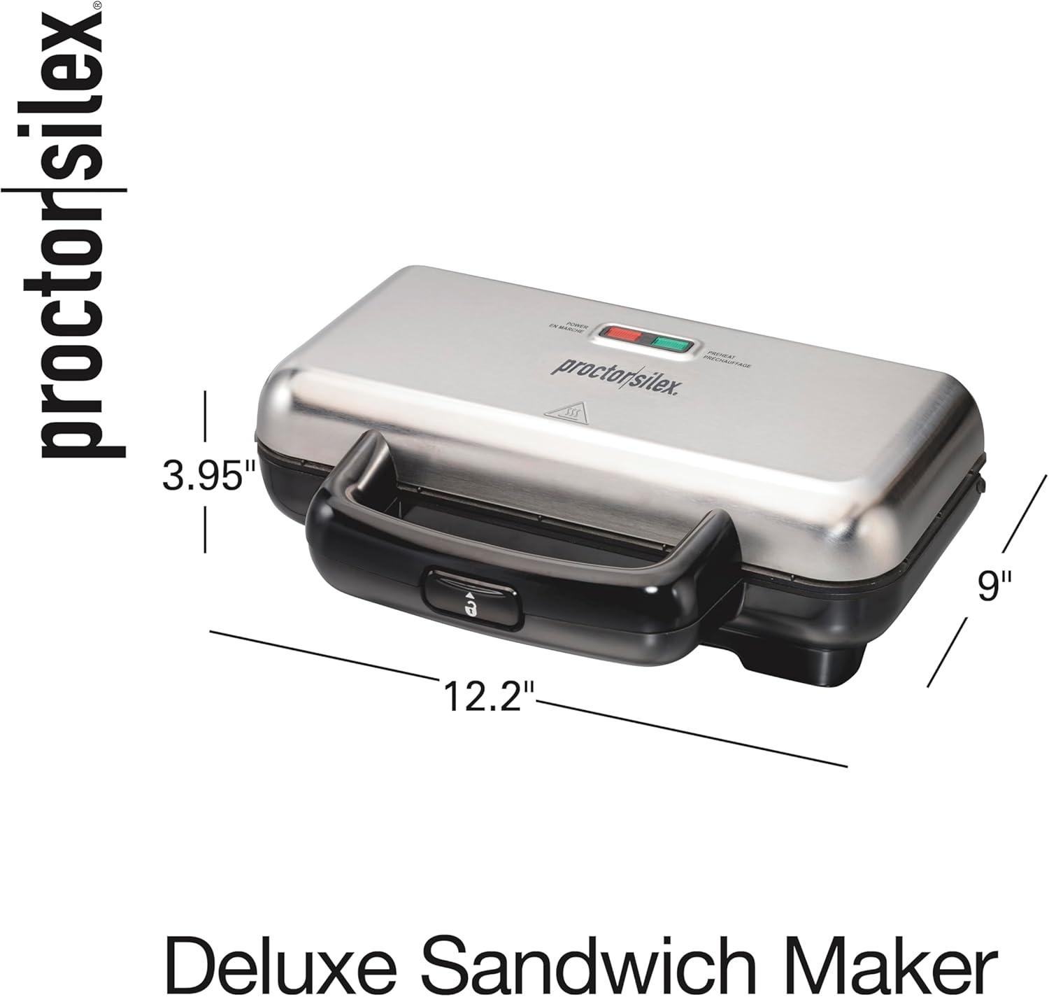 image:imageProctor Silex Deluxe Hot Sandwich Maker With EasyClean Durable PFASFree Nonstick Ceramic Plates Fits up to 2 Grilled Cheese Ruebens Tortas or Subs Stainless Steel 25415MNStainless Steel