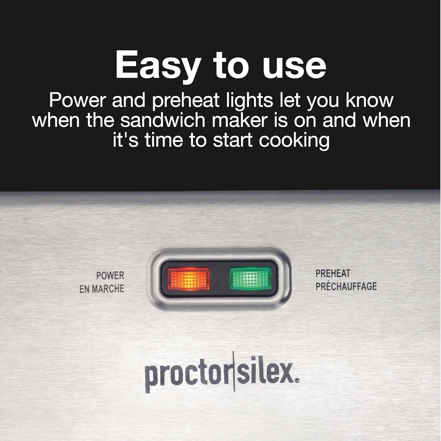 image:imageProctor Silex Deluxe Hot Sandwich Maker With EasyClean Durable PFASFree Nonstick Ceramic Plates Fits up to 2 Grilled Cheese Ruebens Tortas or Subs Stainless Steel 25415MNStainless Steel