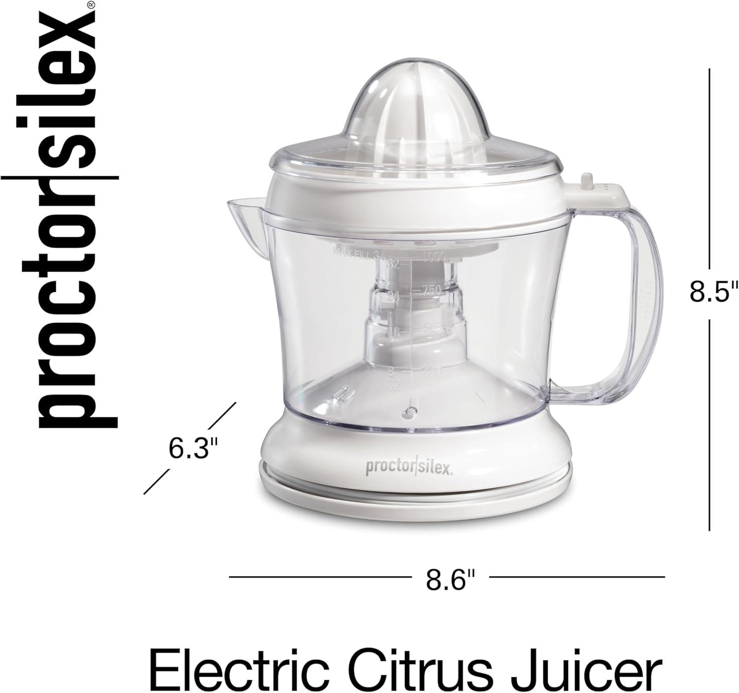 image:imageProctor Silex Electric Citrus Juicer Machine Large 34 oz Pitcher Pressure Activated 2 Reamers for Big and Small Fruit Pulp Control for Orange Lemon Grapefruit Juice White amp Green 66340White