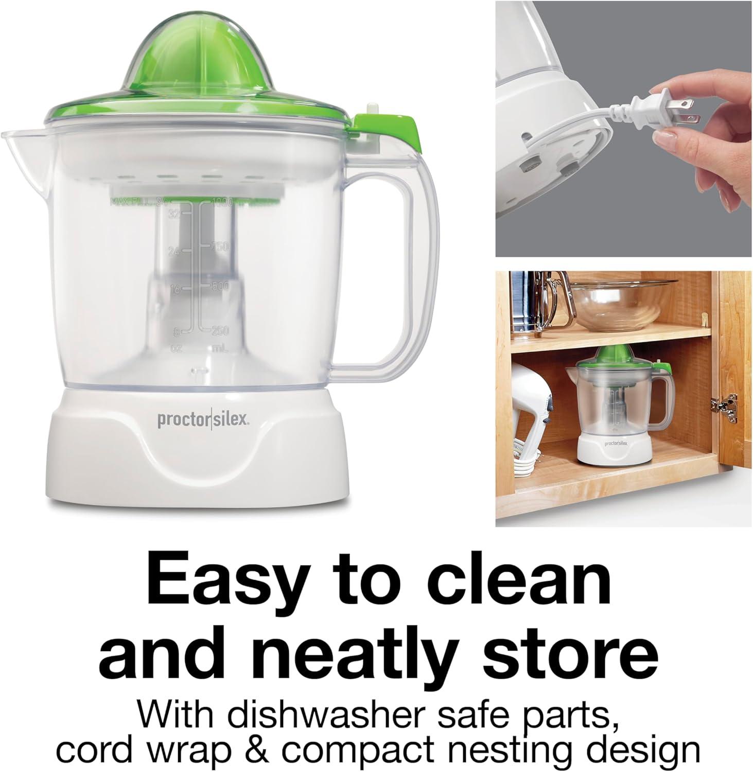 image:imageProctor Silex Electric Citrus Juicer Machine Large 34 oz Pitcher Pressure Activated 2 Reamers for Big and Small Fruit Pulp Control for Orange Lemon Grapefruit Juice White amp Green 66340White Green