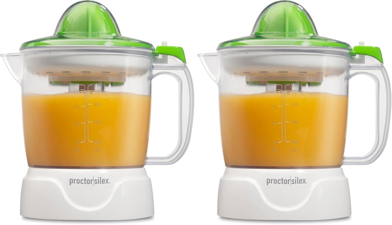 image:imageProctor Silex Electric Citrus Juicer Machine Large 34 oz Pitcher Pressure Activated 2 Reamers for Big and Small Fruit Pulp Control for Orange Lemon Grapefruit Juice White amp Green 66340White Green