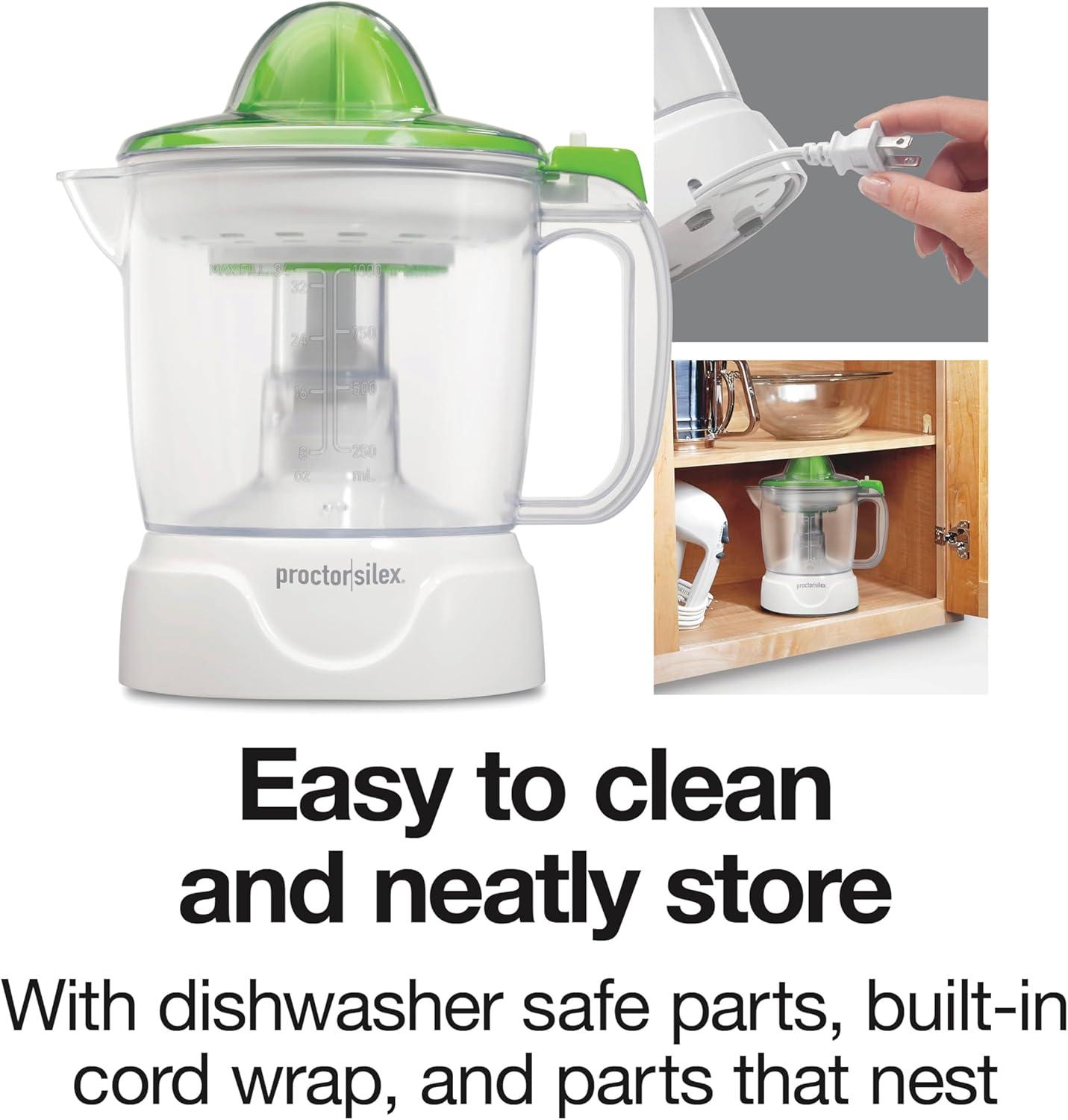 image:imageProctor Silex Electric Citrus Juicer Machine Large 34 oz Pitcher Pressure Activated 2 Reamers for Big and Small Fruit Pulp Control for Orange Lemon Grapefruit Juice White amp Green 66340White Green