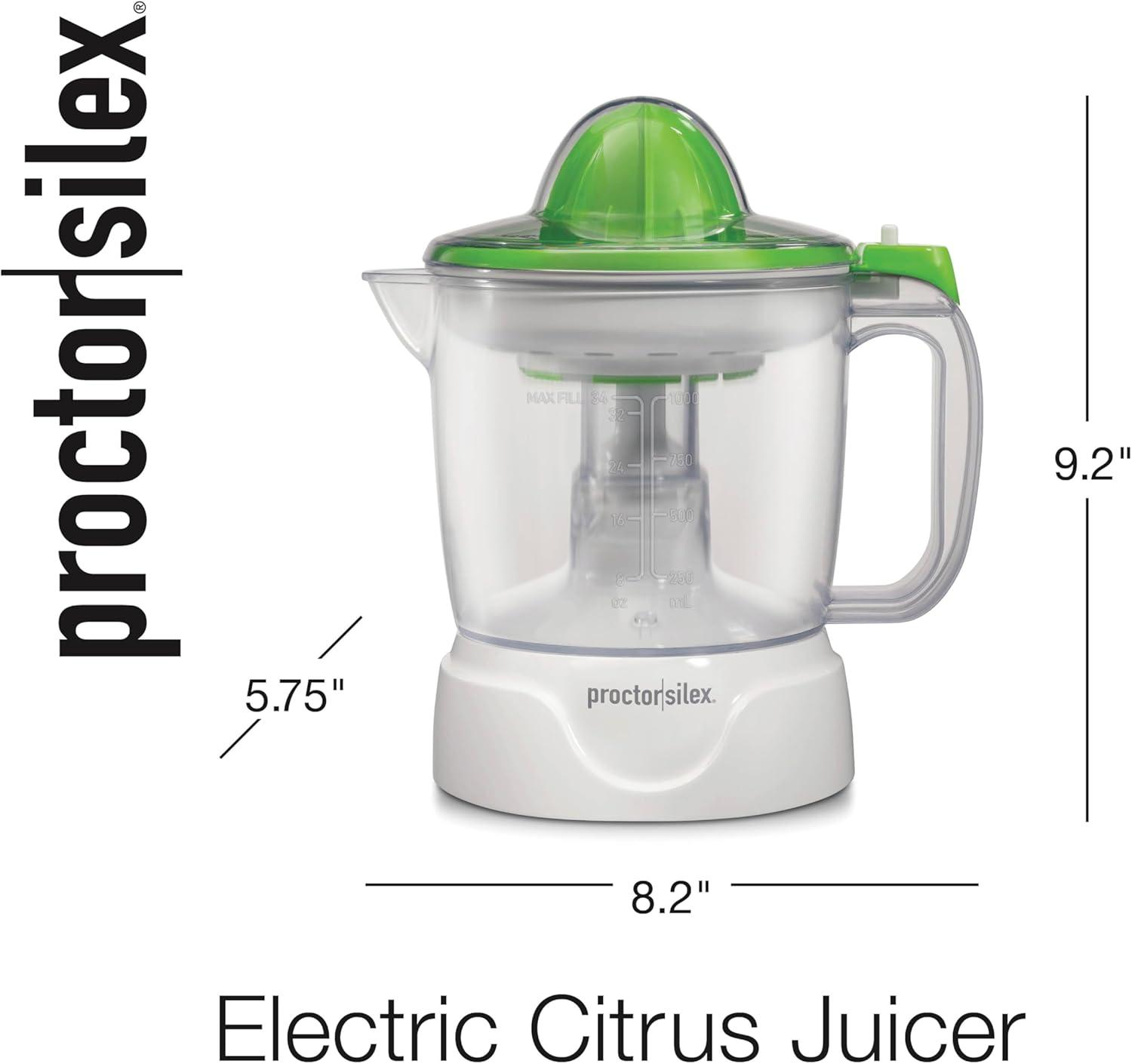image:imageProctor Silex Electric Citrus Juicer Machine Large 34 oz Pitcher Pressure Activated 2 Reamers for Big and Small Fruit Pulp Control for Orange Lemon Grapefruit Juice White amp Green 66340White Green