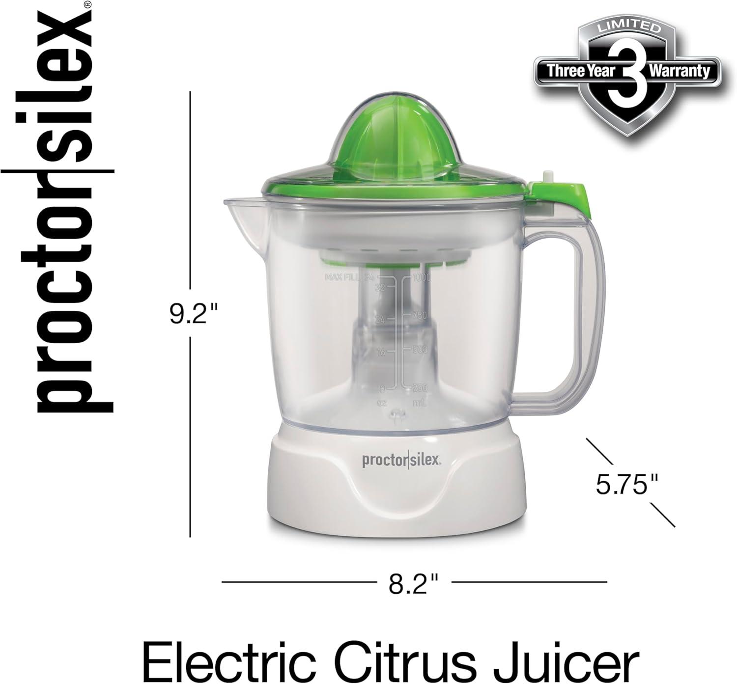 image:imageProctor Silex Electric Citrus Juicer Machine Large 34 oz Pitcher Pressure Activated 2 Reamers for Big and Small Fruit Pulp Control for Orange Lemon Grapefruit Juice White amp Green 66340White Green