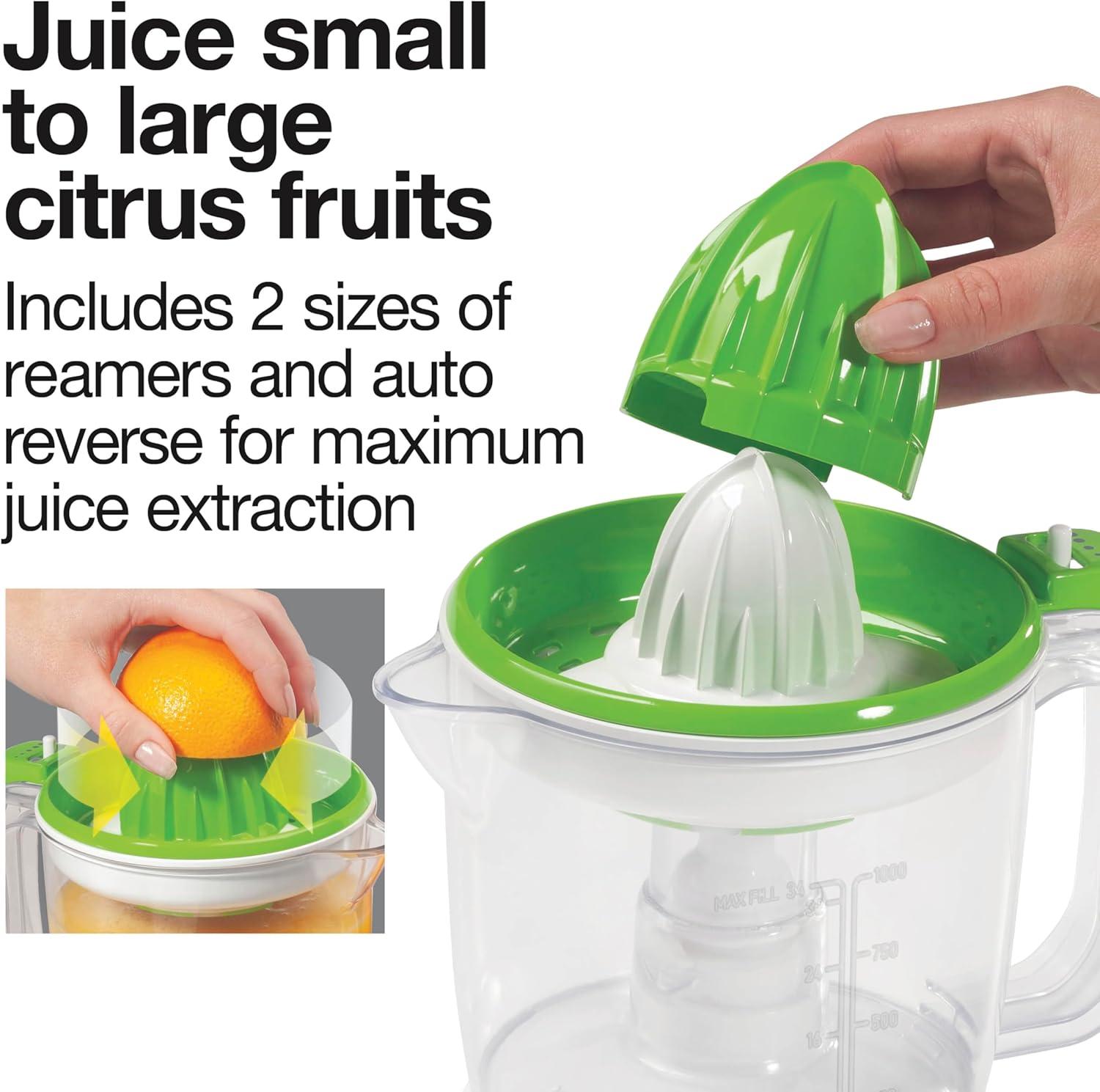 image:imageProctor Silex Electric Citrus Juicer Machine Large 34 oz Pitcher Pressure Activated 2 Reamers for Big and Small Fruit Pulp Control for Orange Lemon Grapefruit Juice White amp Green 66340White Green