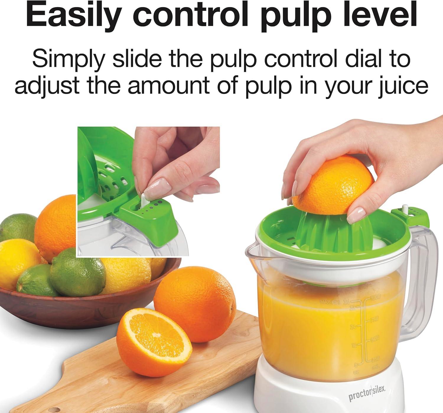 image:imageProctor Silex Electric Citrus Juicer Machine Large 34 oz Pitcher Pressure Activated 2 Reamers for Big and Small Fruit Pulp Control for Orange Lemon Grapefruit Juice White amp Green 66340White Green