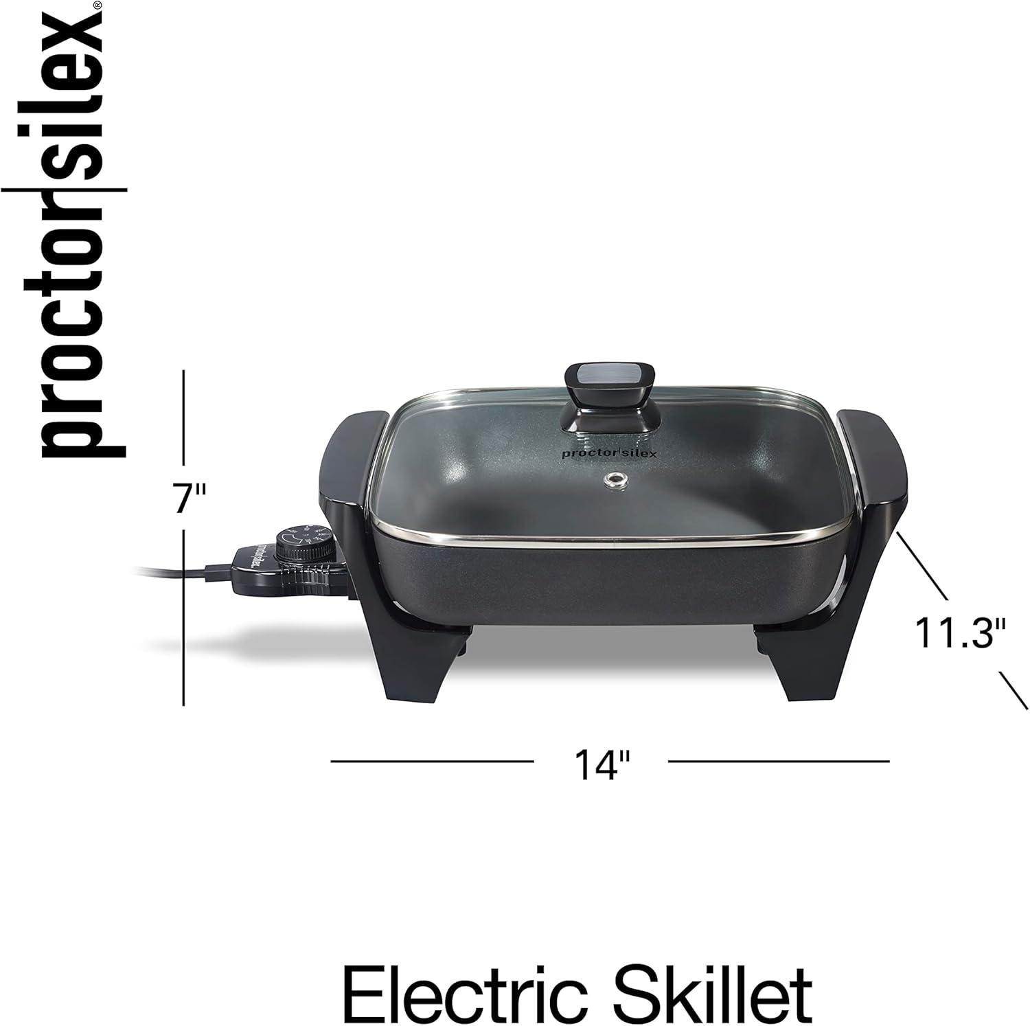 image:imageProctor Silex Electric Skillet with Lid 116 sq in Nonstick Cooking Surface for Frying Sauteing Simmering and Braising Adjustable Temp 200 to 400 F Black 38526PS