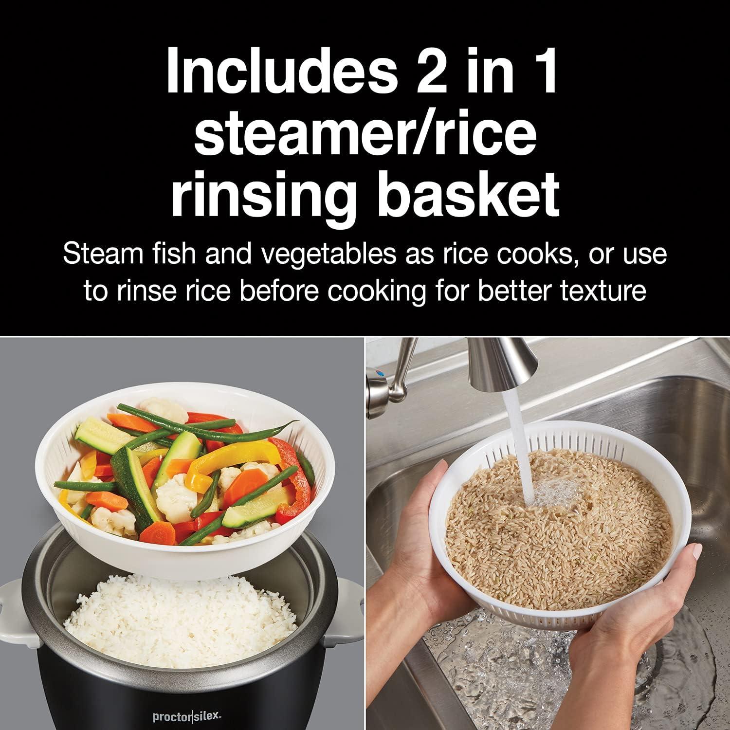 image:imageProctor Silex Rice Cooker amp Food Steamer 16 Cups Cooked 8 Cups Uncooked Includes Steam and Rinsing Basket Black 37527Black