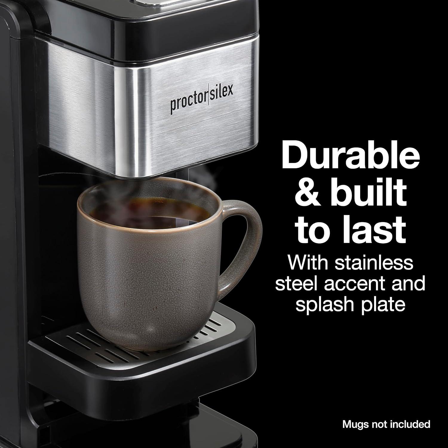 image:imageProctorSilex SingleServe Coffee Maker Compatible with Pod Packs and Grounds 40 oz Reservoir Makes Four 10 oz Cups Without Refilling Black amp Stainless Steel 49919