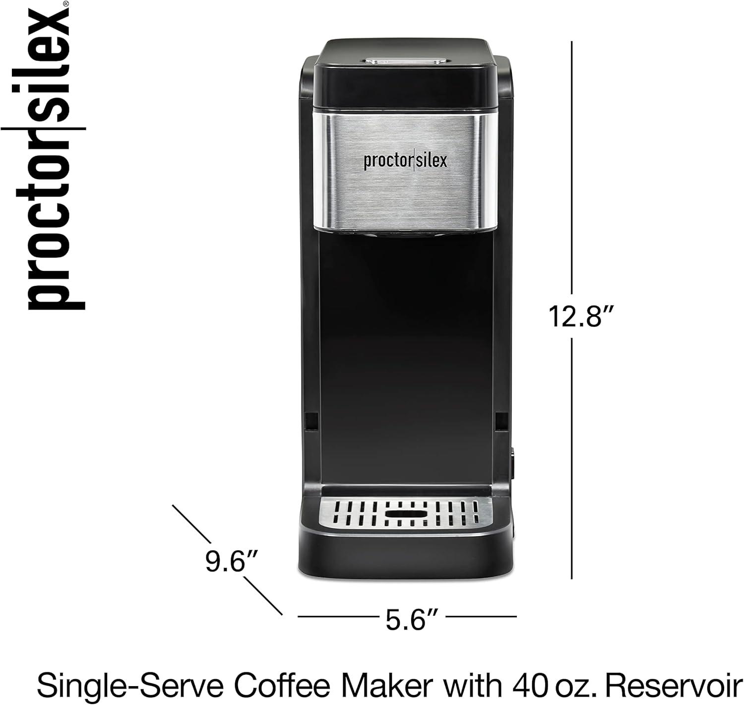 image:imageProctorSilex SingleServe Coffee Maker Compatible with Pod Packs and Grounds 40 oz Reservoir Makes Four 10 oz Cups Without Refilling Black amp Stainless Steel 49919