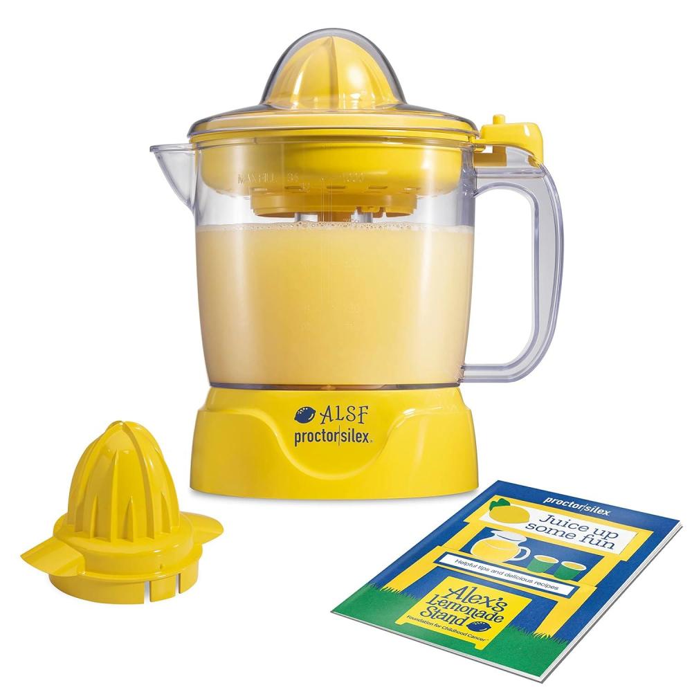 image:imageProctor Silex Alexs Lemonade Stand Electric Citrus Juicer Machine Large 34 oz Pitcher Pressure Activated for Lemons Limes and Oranges 34 oz Includes 2 Reamers amp Recipe Book Yellow 66341Large 34 oz Pitcher New for 2024
