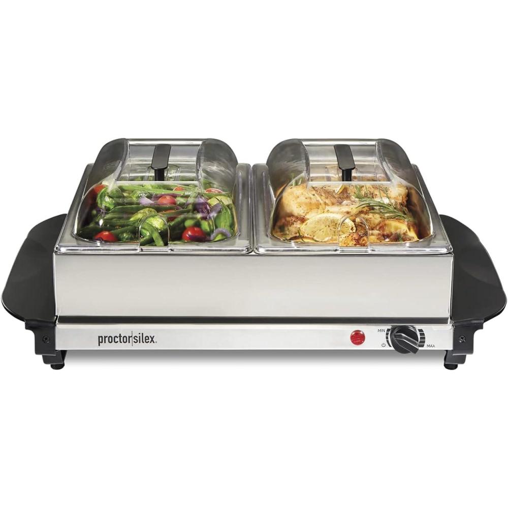 image:imageProctor Silex Buffet Server amp Food Warmer Adjustable Heat for Parties Holidays and Entertaining Three 25 Quart OvenSafe Chafing Dish Set Stainless SteelTwo 25 Quart OvenSafe Chafing Dish Set