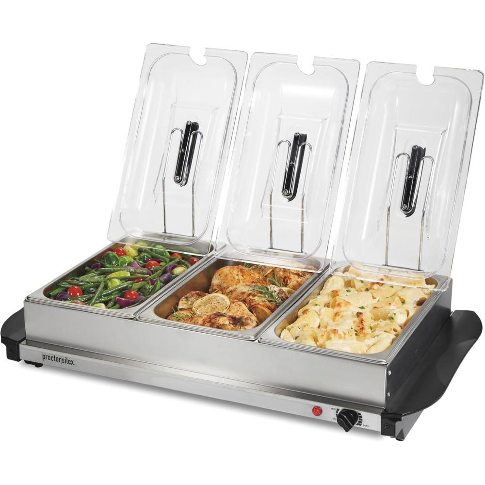 image:imageProctor Silex Buffet Server amp Food Warmer Adjustable Heat for Parties Holidays and Entertaining Three 25 Quart OvenSafe Chafing Dish Set Stainless SteelThree 25 Quart OvenSafe Chafing Dish Set