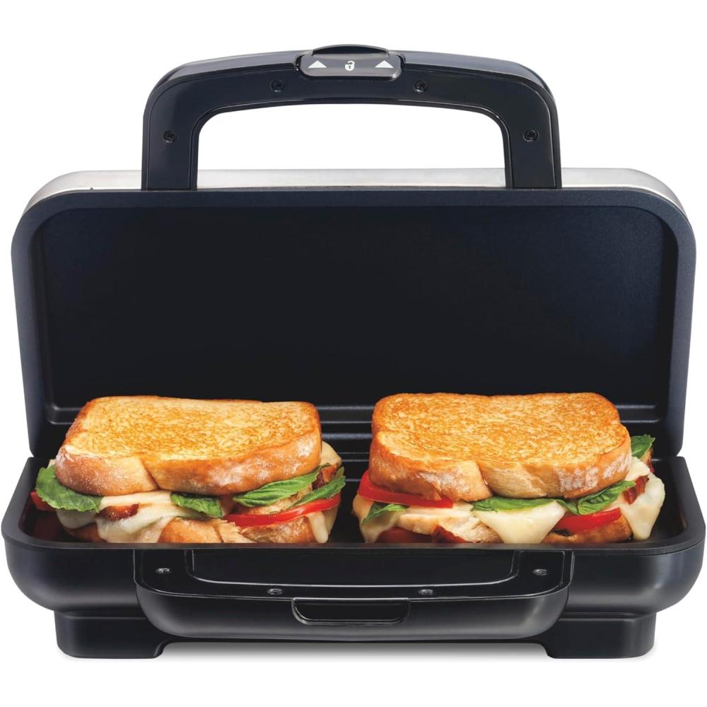 image:imageProctor Silex Deluxe Hot Sandwich Maker With EasyClean Durable PFASFree Nonstick Ceramic Plates Fits up to 2 Grilled Cheese Ruebens Tortas or Subs Stainless Steel 25415MNStainless Steel