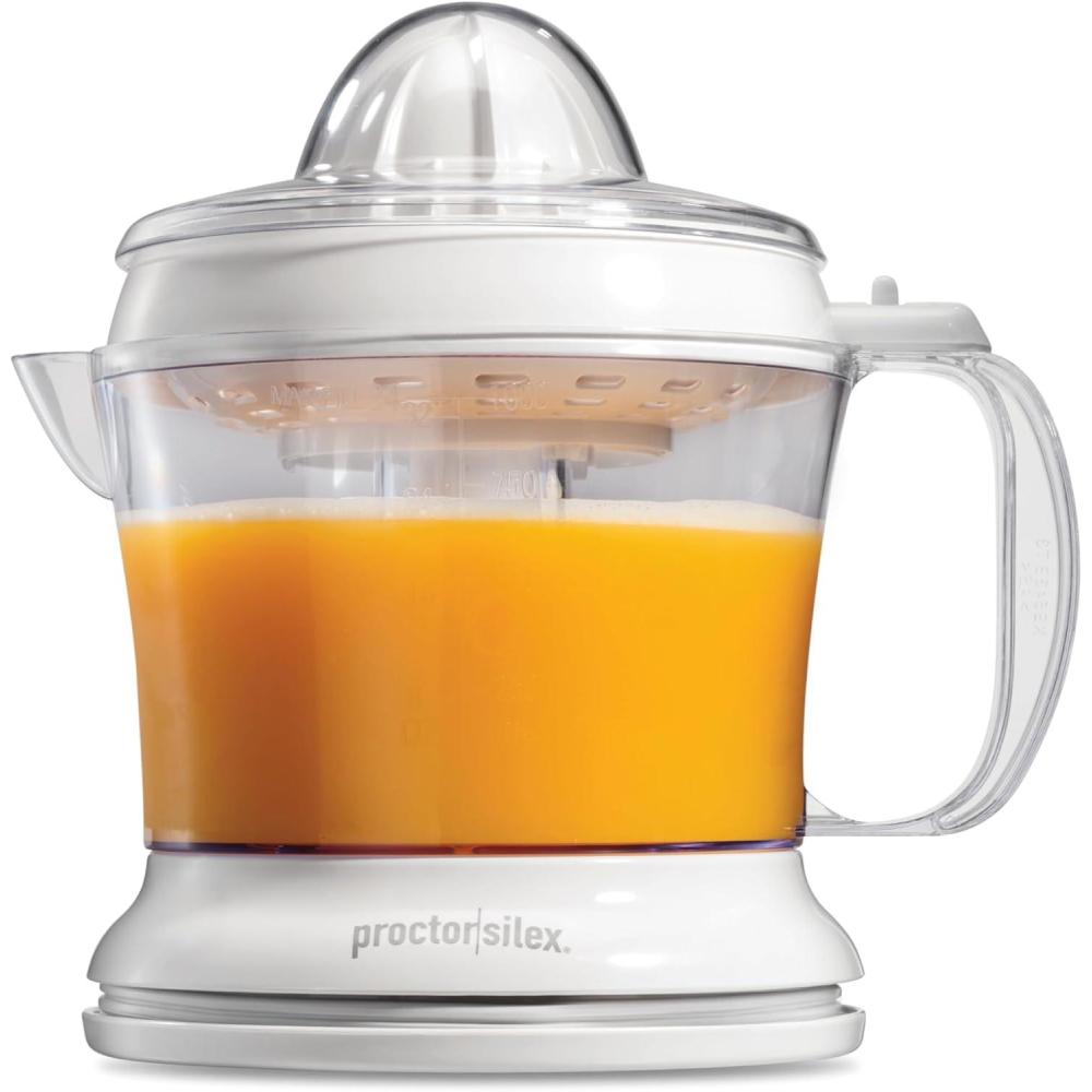 image:imageProctor Silex Electric Citrus Juicer Machine Large 34 oz Pitcher Pressure Activated 2 Reamers for Big and Small Fruit Pulp Control for Orange Lemon Grapefruit Juice White amp Green 66340White
