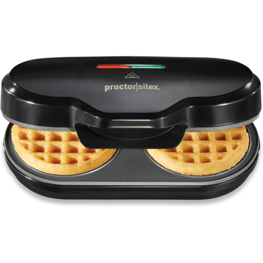 image:imageProctor Silex Mini Waffle Maker Machine with 4 Round Nonstick Grids Make Personalized Individual Breakfast Keto Chaffles and Hashbrowns Compact Black 26100Double Compartments