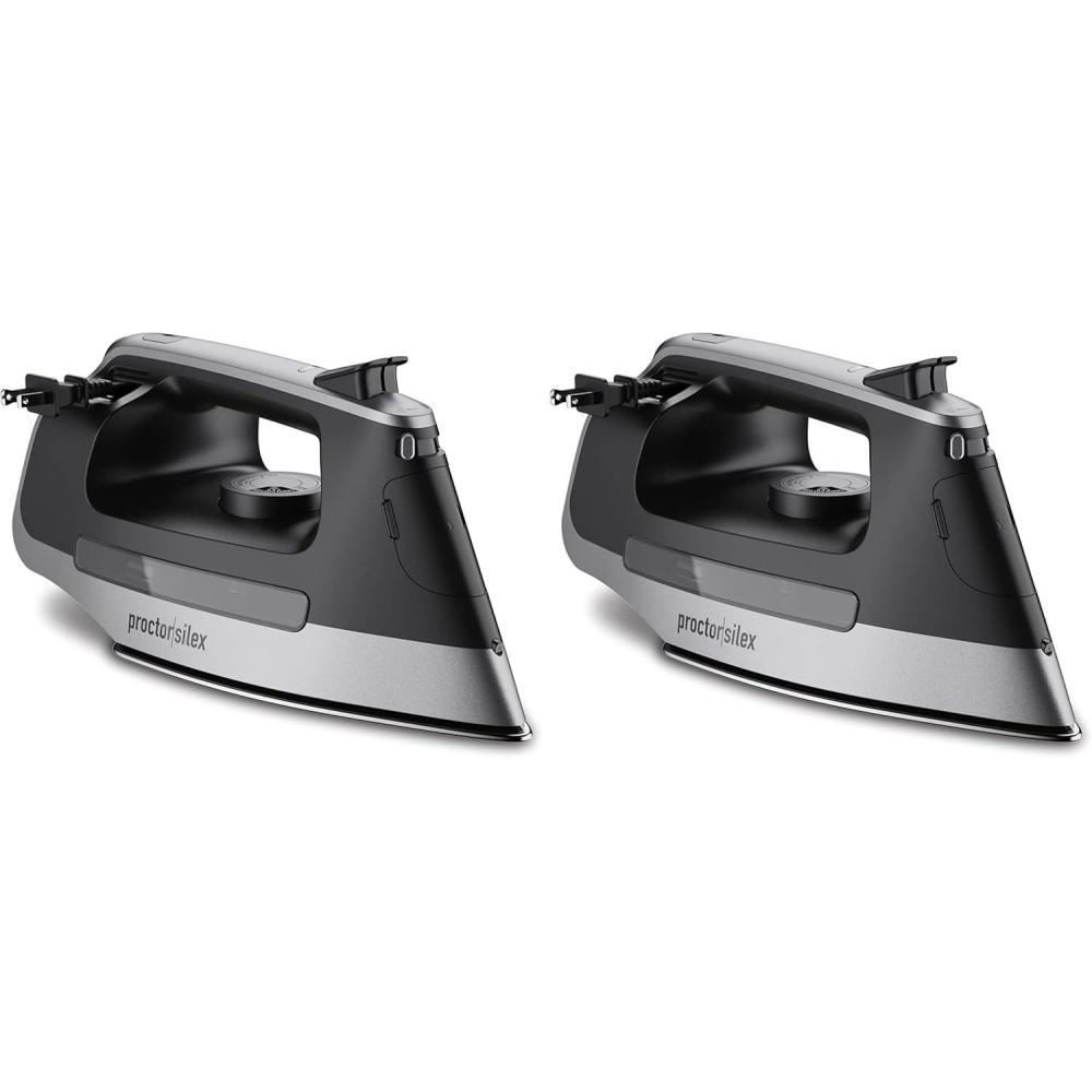 image:imageProctor Silex Steam Iron for Clothes with Durable Stainless Steel Soleplate 1500 Watts 8 Retractable Cord 3Way Auto Shutoff AntiDrip Gray and Black 142508 Retractable Cord Pack of 2