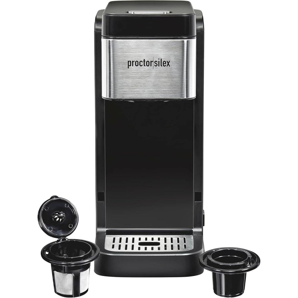image:imageProctorSilex SingleServe Coffee Maker Compatible with Pod Packs and Grounds 40 oz Reservoir Makes Four 10 oz Cups Without Refilling Black amp Stainless Steel 49919
